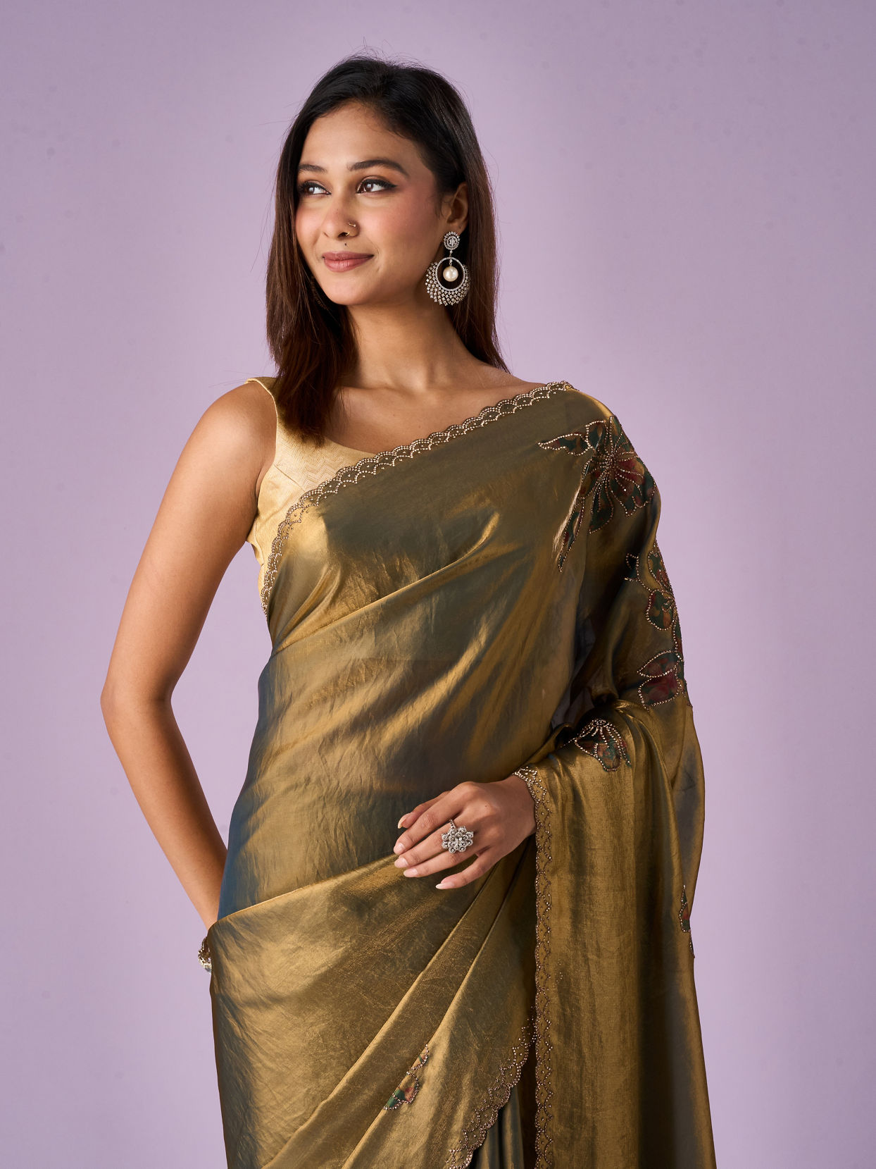 Mohey Women Sea Green Organza Saree with Print and Stone Work