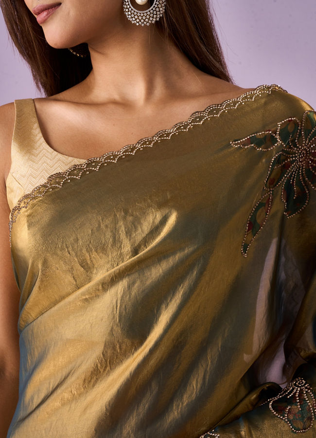 Mohey Women Sea Green Organza Saree with Print and Stone Work
