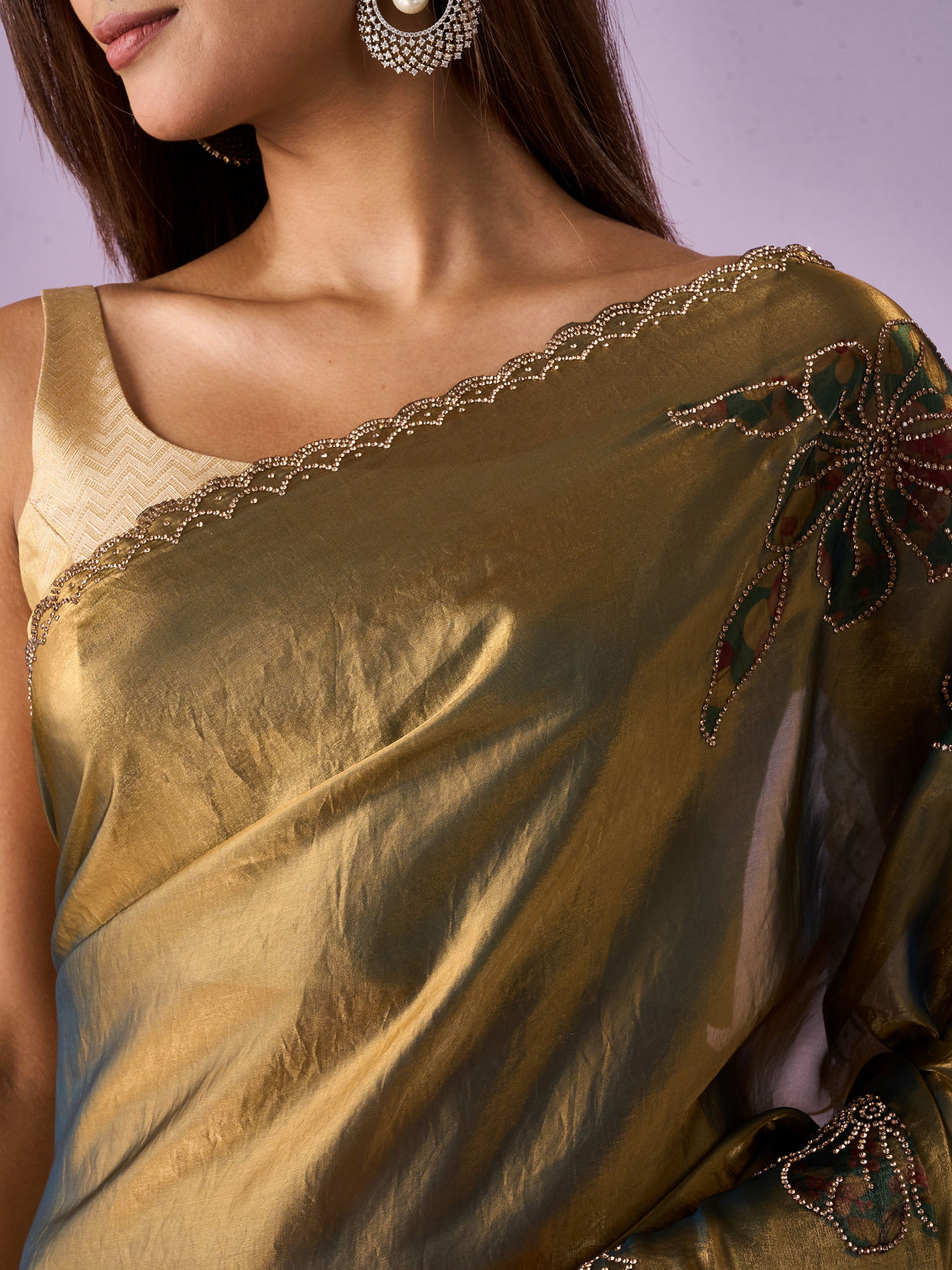 Mohey Women Sea Green Organza Saree with Print and Stone Work
