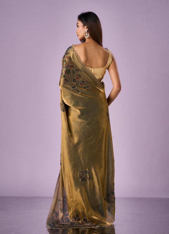 Mohey Women Sea Green Organza Saree with Print and Stone Work