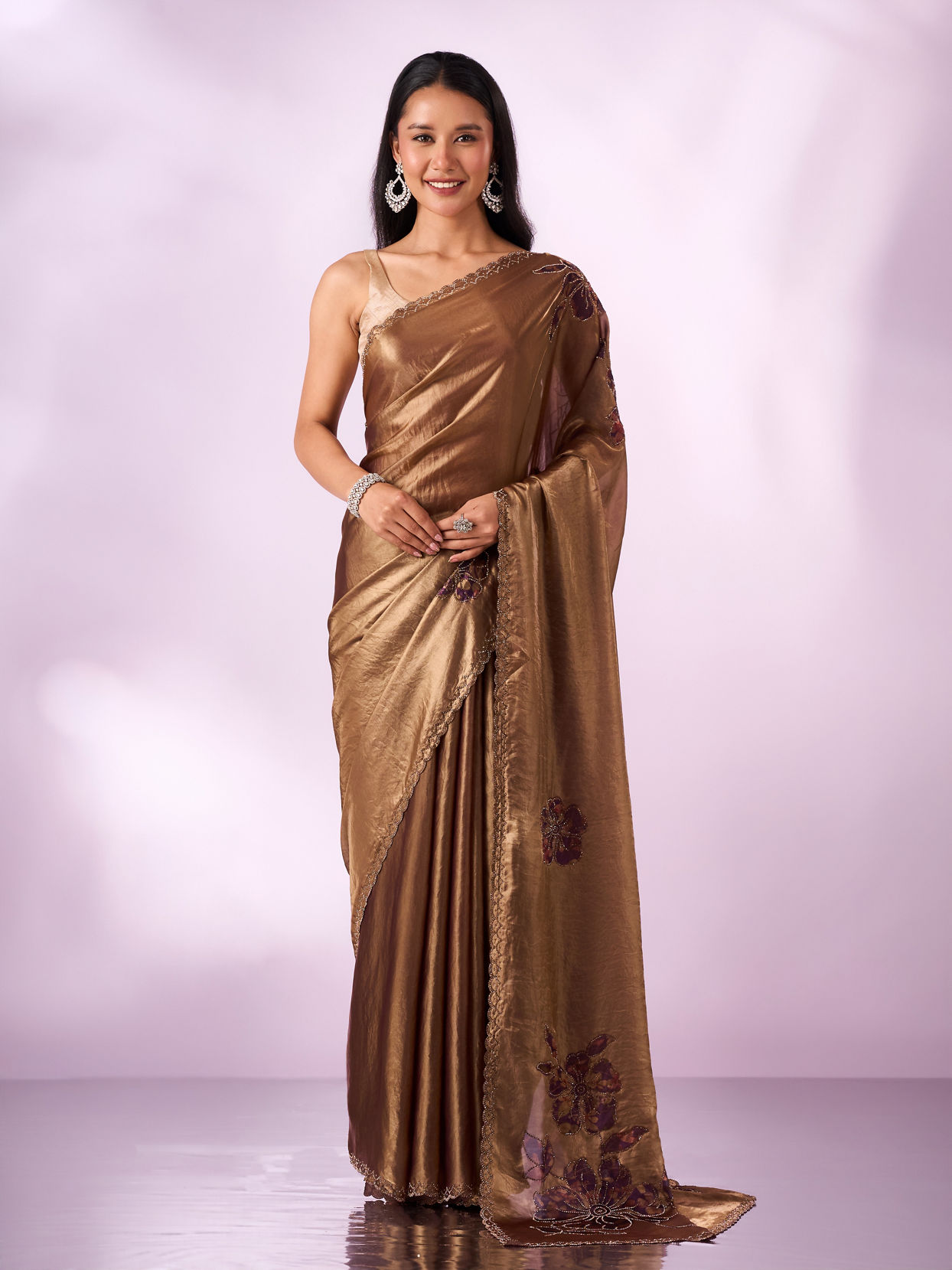 Mohey Women Purple Organza Saree with Print and Stone Work