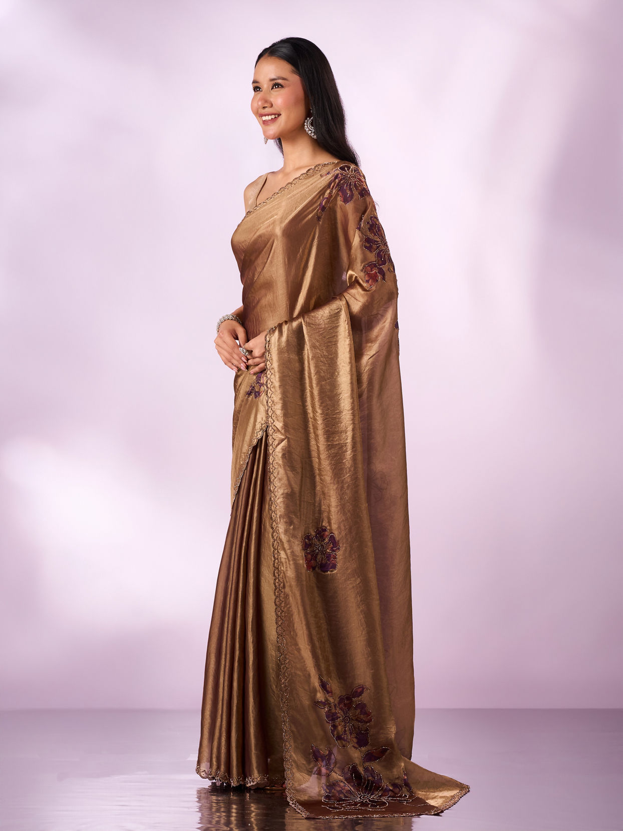 Mohey Women Purple Organza Saree with Print and Stone Work