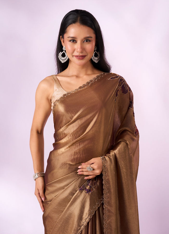 Mohey Women Purple Organza Saree with Print and Stone Work