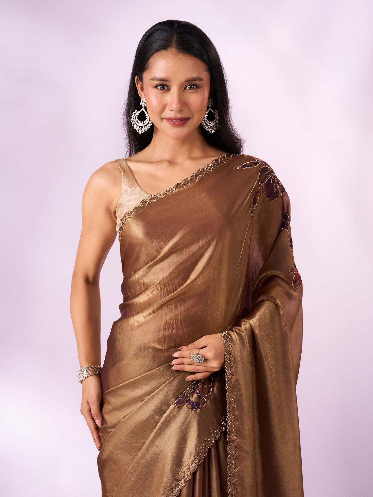 Mohey Women Purple Organza Saree with Print and Stone Work