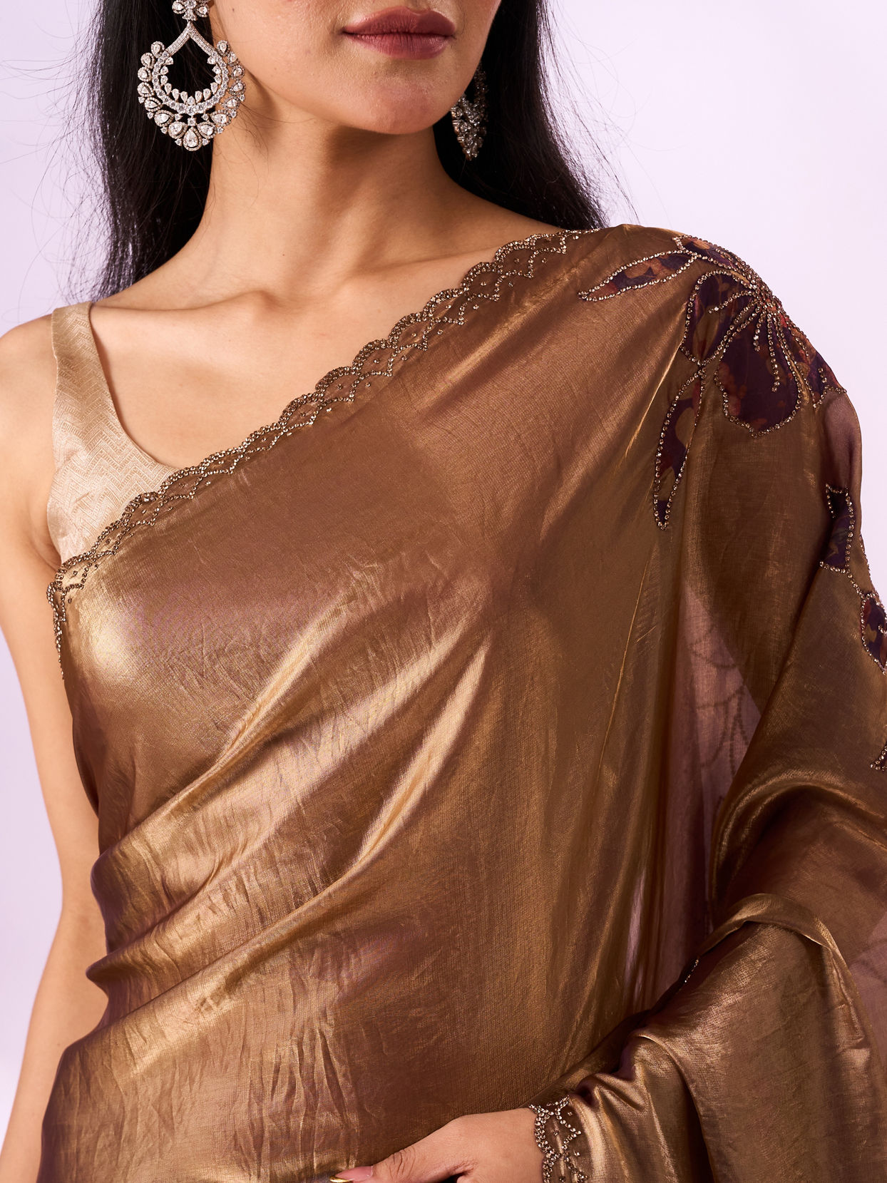 Mohey Women Purple Organza Saree with Print and Stone Work