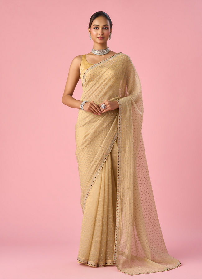 Mohey Women Beige Organza Saree with Stone Work