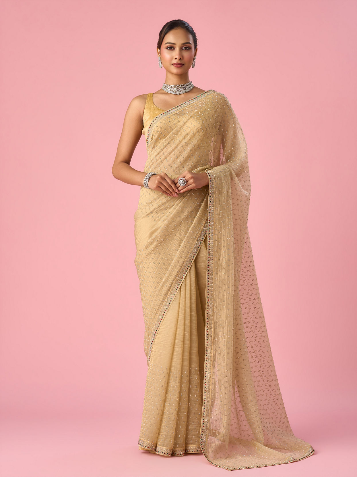 Mohey Women Beige Organza Saree with Stone Work