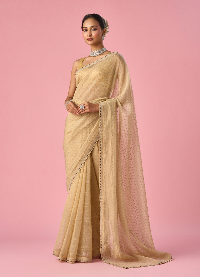Mohey Women Beige Organza Saree with Stone Work
