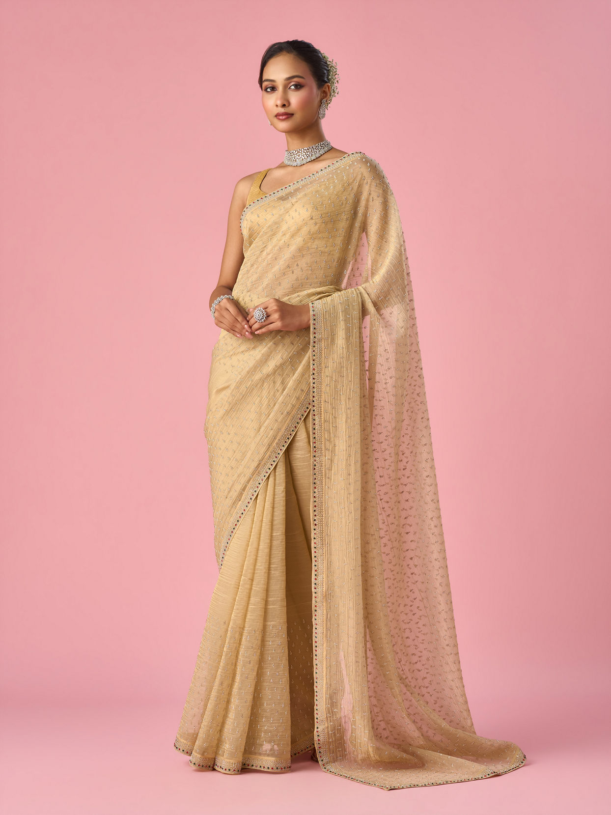 Mohey Women Beige Organza Saree with Stone Work