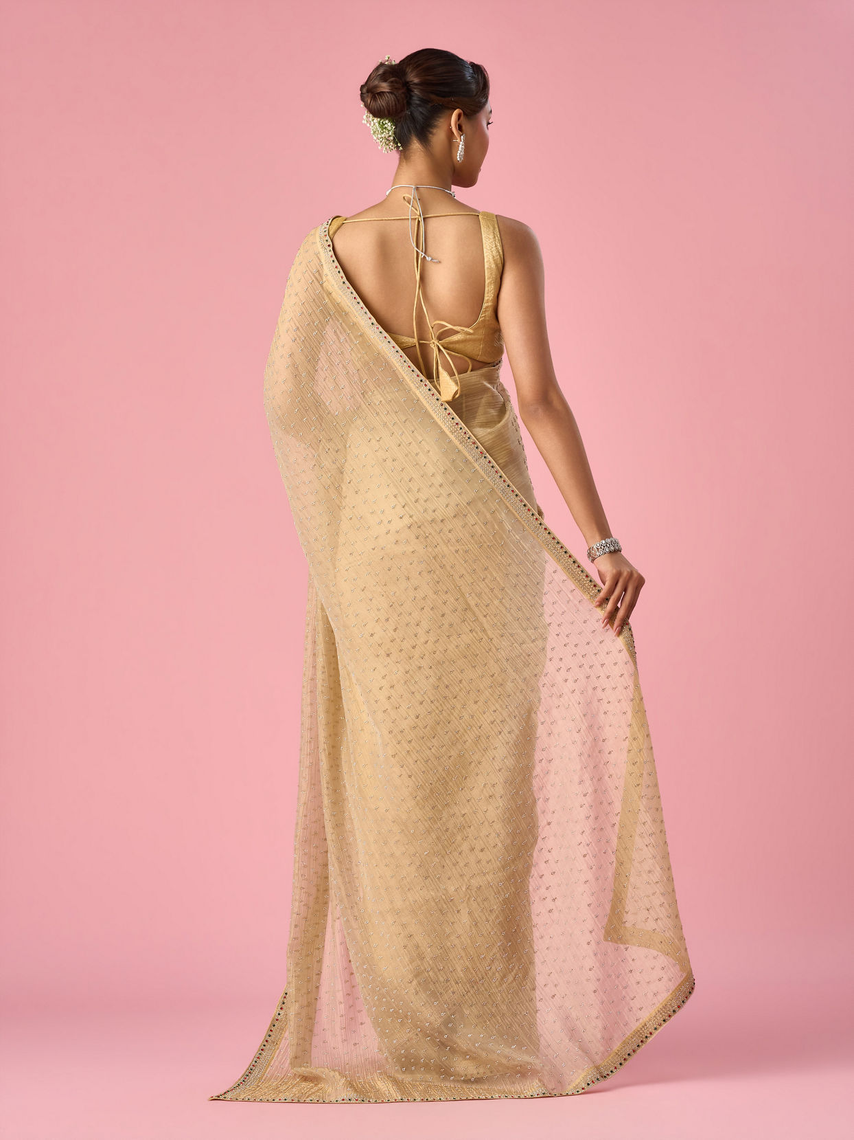 Mohey Women Beige Organza Saree with Stone Work
