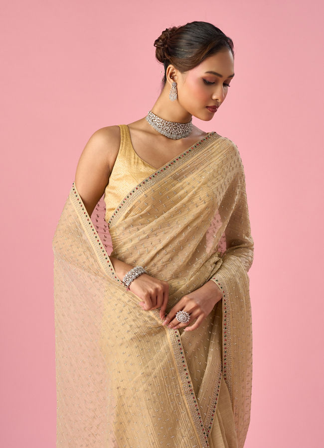 Mohey Women Beige Organza Saree with Stone Work