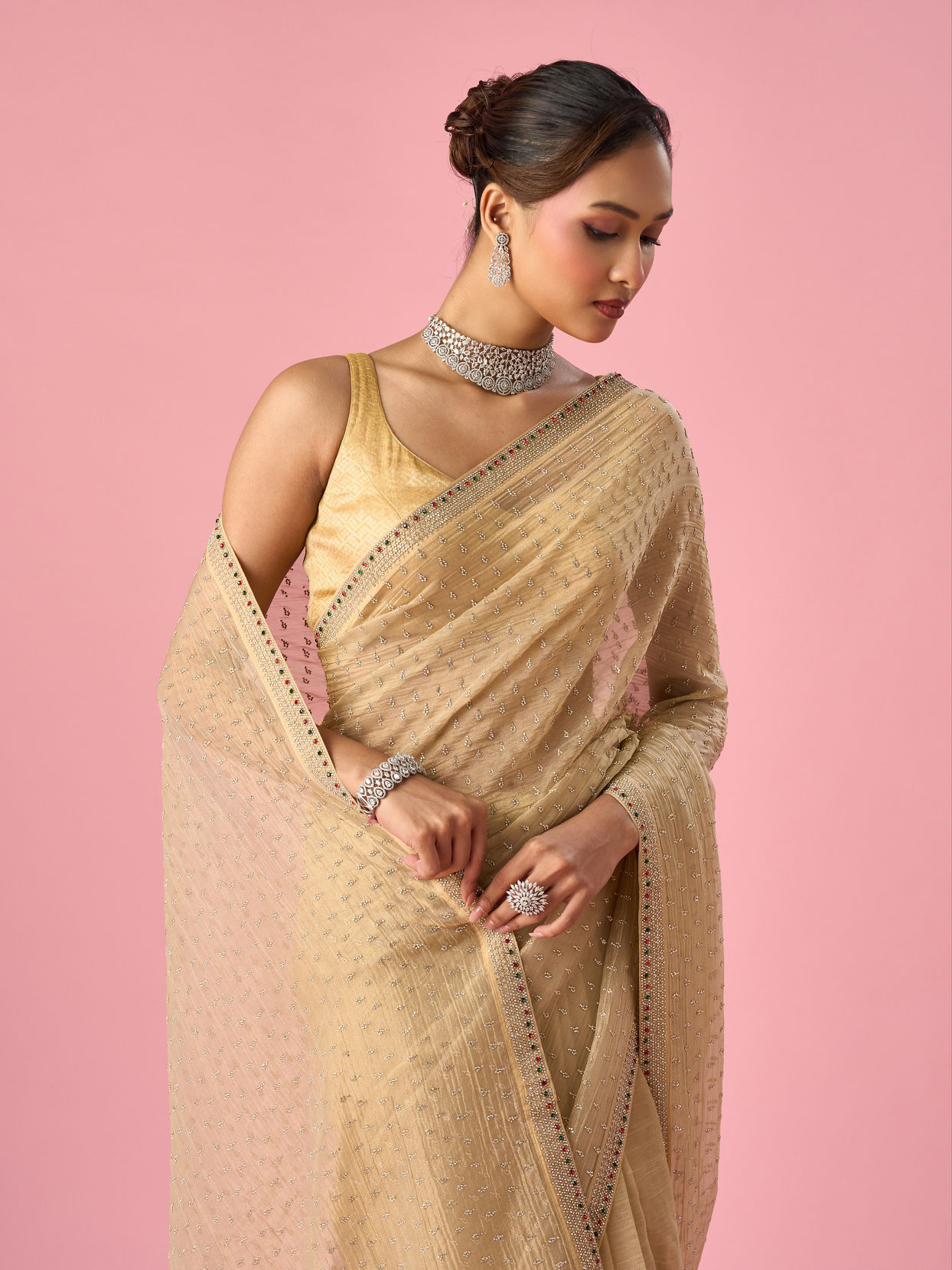 Mohey Women Beige Organza Saree with Stone Work