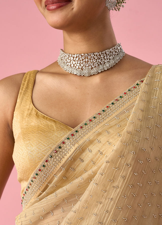 Mohey Women Beige Organza Saree with Stone Work