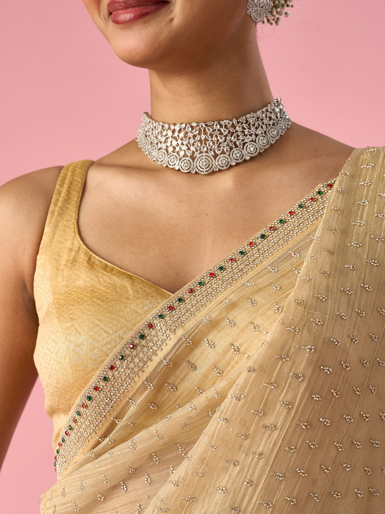 Mohey Women Beige Organza Saree with Stone Work