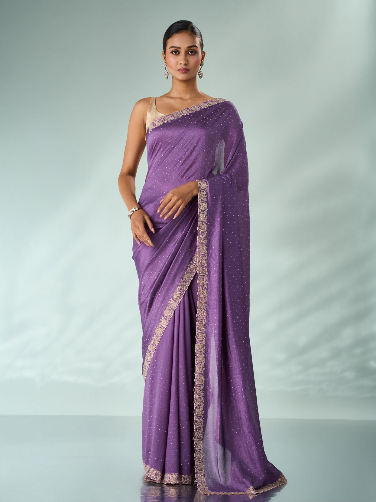 Mohey Women Purple Silk Saree with Stone Work