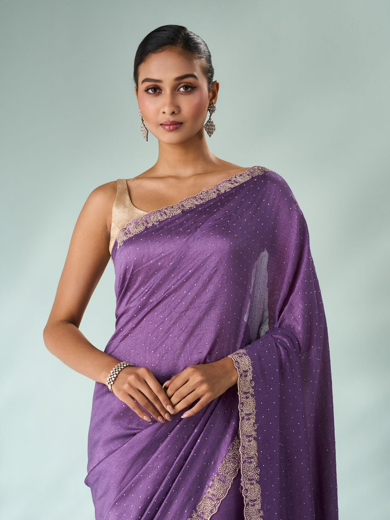 Mohey Women Purple Silk Saree with Stone Work