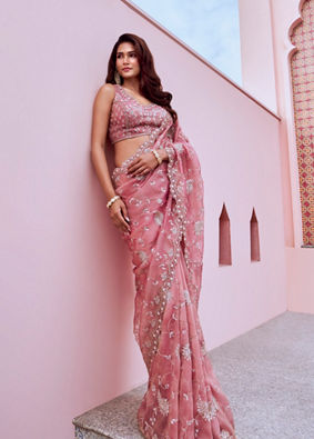 Mohey Women Pink Organza Saree with Cutdana Work