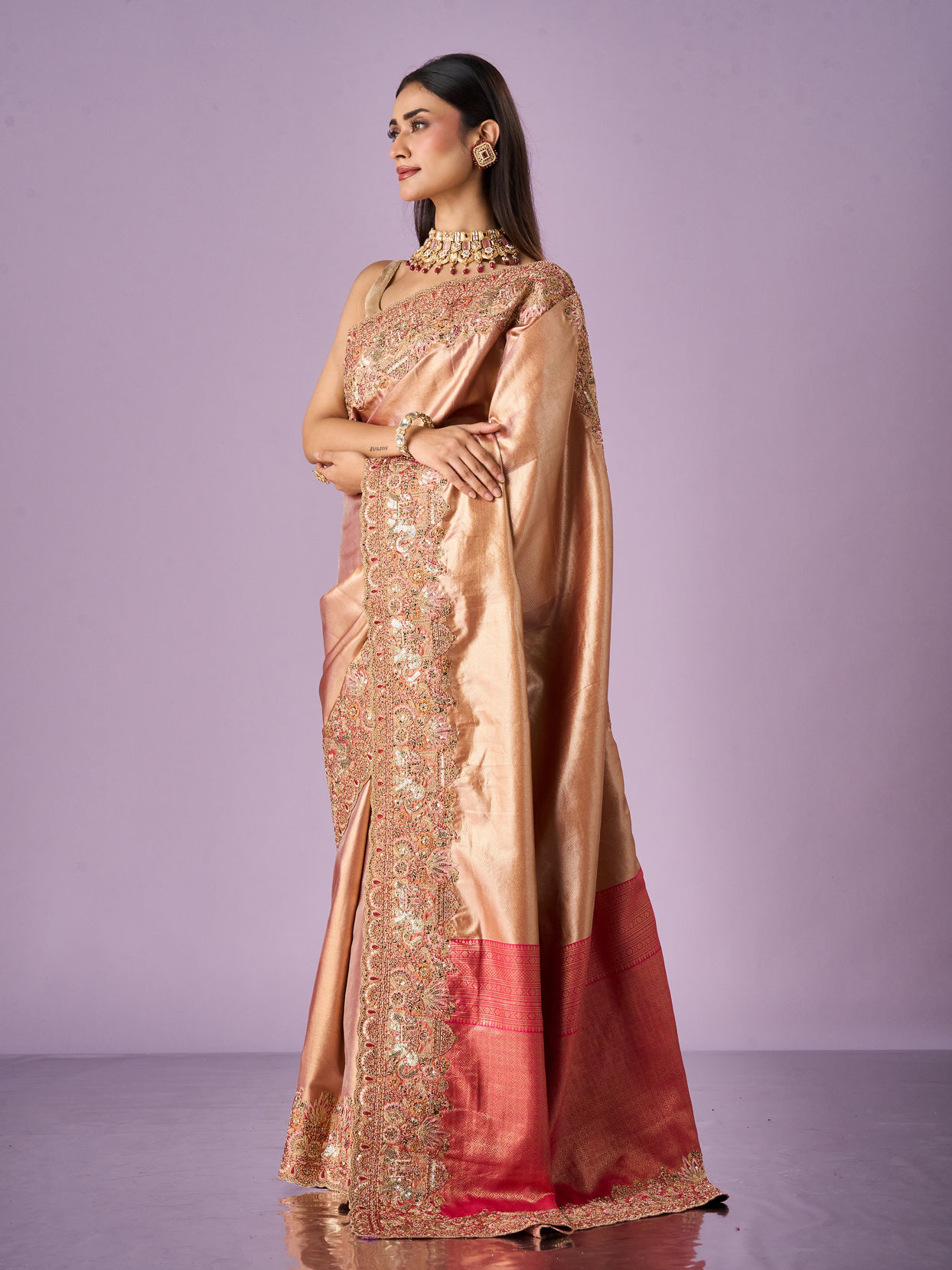 Mohey Women Pink Silk Saree with Moti and Sequin Work