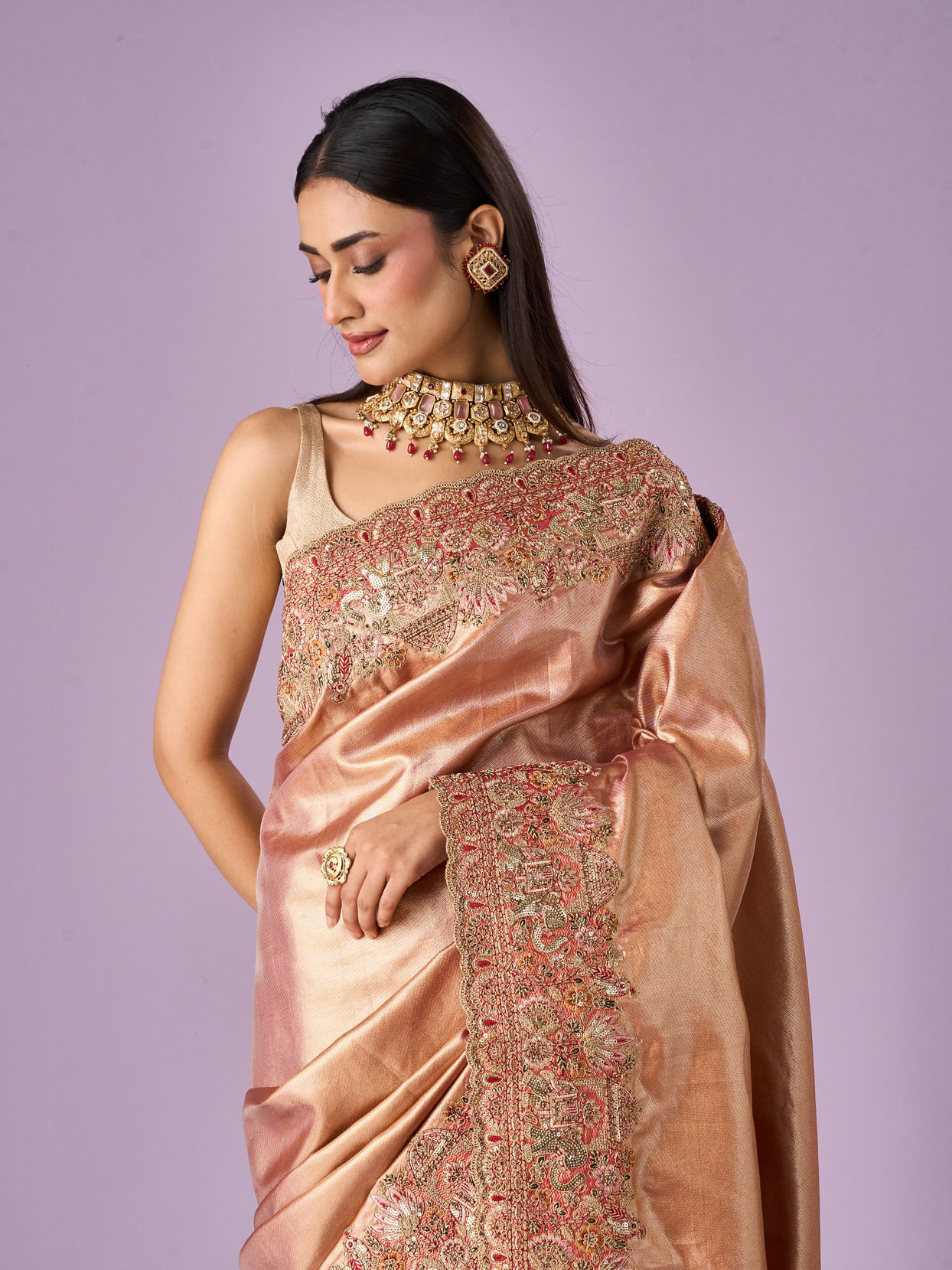 Mohey Women Pink Silk Saree with Moti and Sequin Work