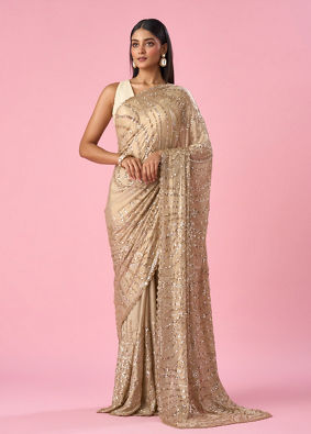 Mohey Women Beige Chiffon Saree with Cutdana and Sequin Work