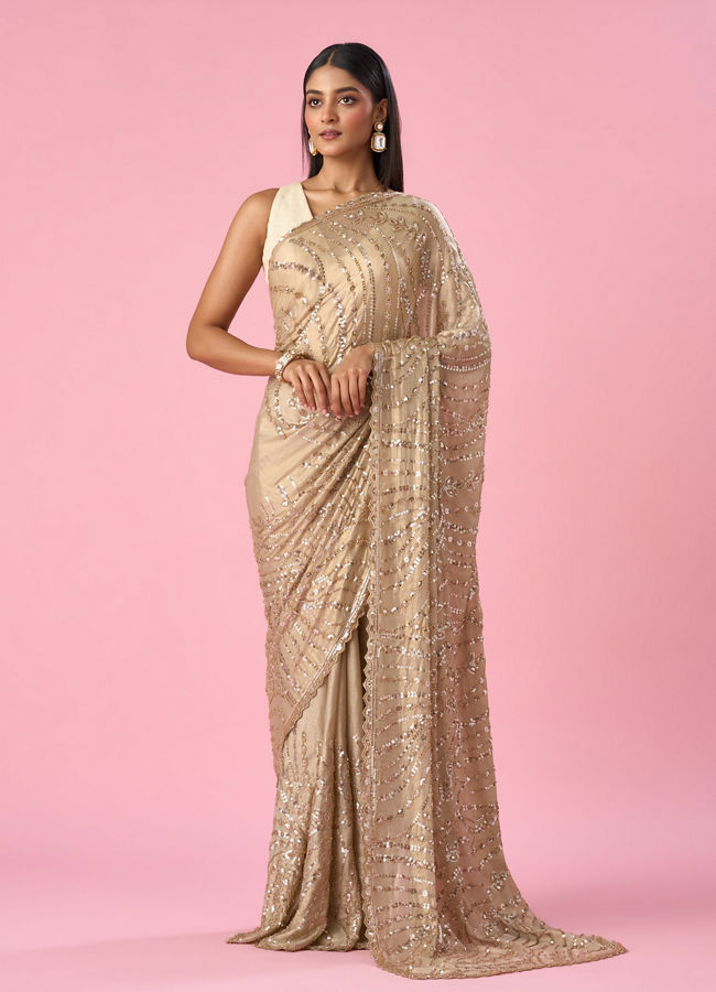 Mohey Women Beige Chiffon Saree with Cutdana and Sequin Work