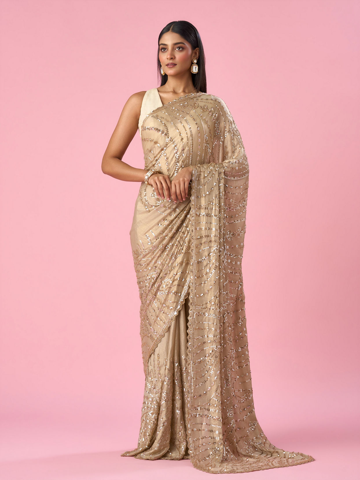 Mohey Women Beige Chiffon Saree with Cutdana and Sequin Work