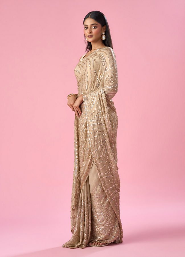 Mohey Women Beige Chiffon Saree with Cutdana and Sequin Work