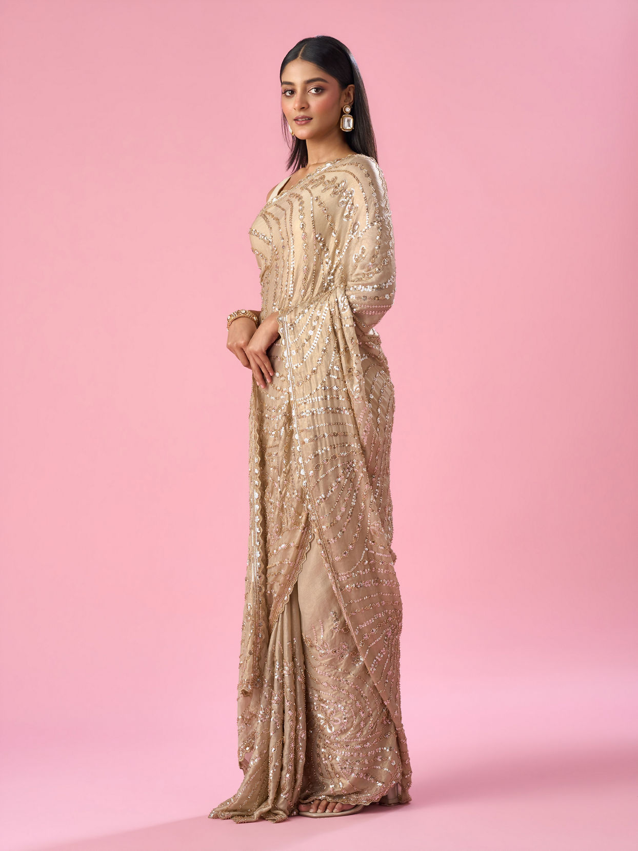 Mohey Women Beige Chiffon Saree with Cutdana and Sequin Work