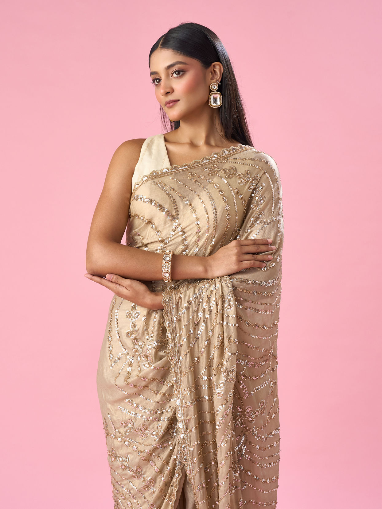 Mohey Women Beige Chiffon Saree with Cutdana and Sequin Work