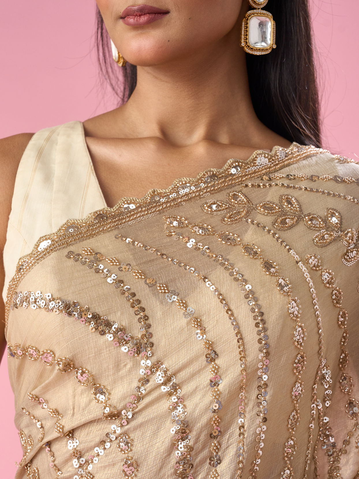 Mohey Women Beige Chiffon Saree with Cutdana and Sequin Work