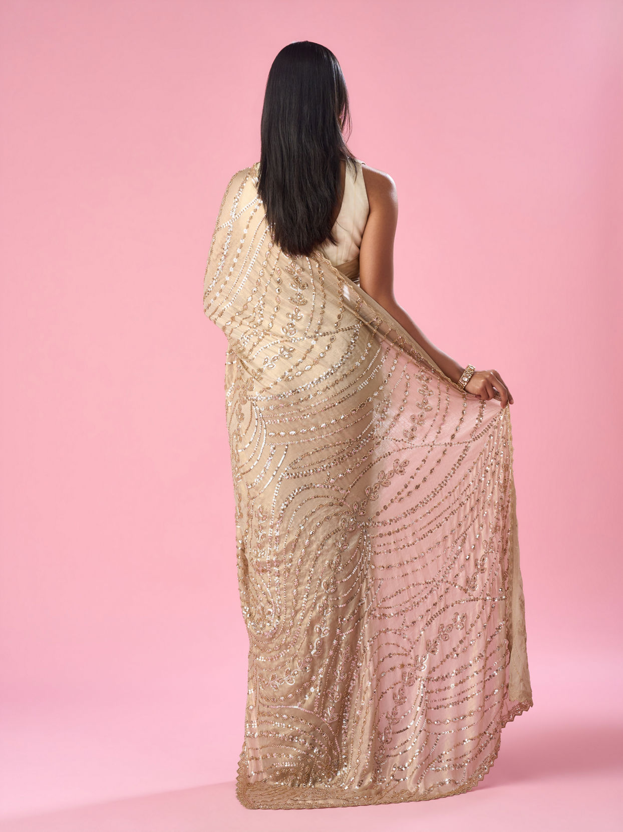 Mohey Women Beige Chiffon Saree with Cutdana and Sequin Work