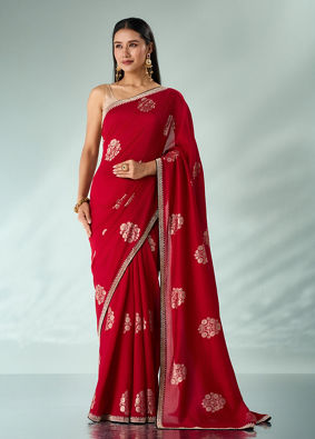 Mohey Women Red Silk Saree with Print and Stone Work