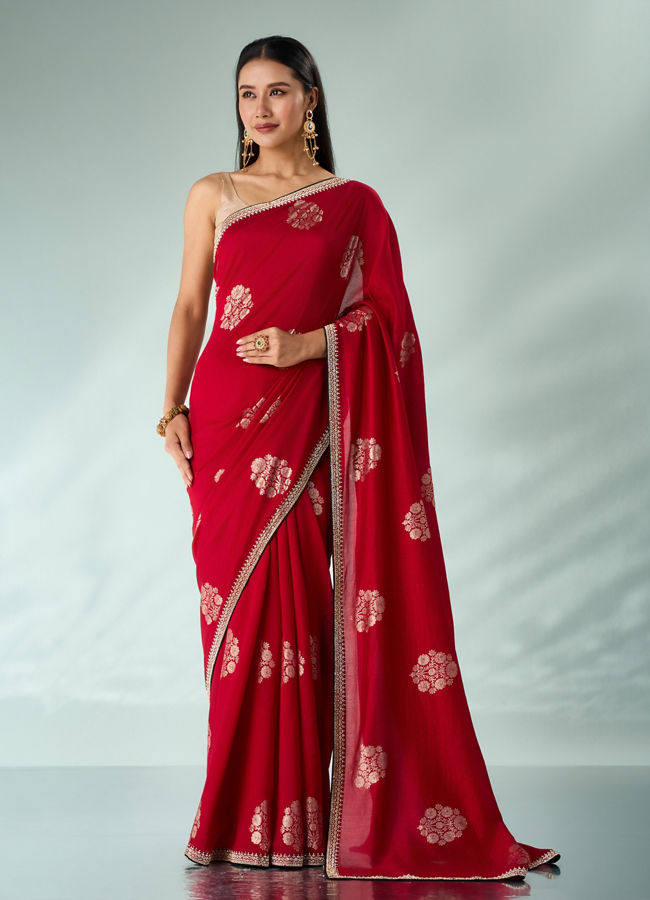 Mohey Women Red Silk Saree with Print and Stone Work