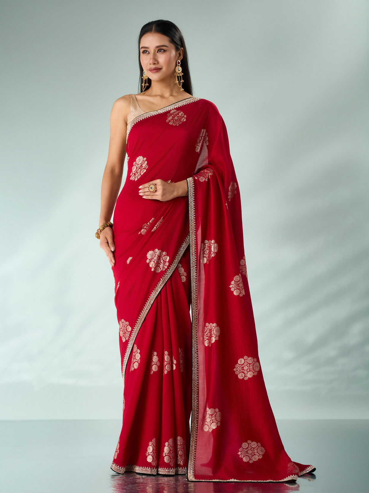 Mohey Women Red Silk Saree with Print and Stone Work