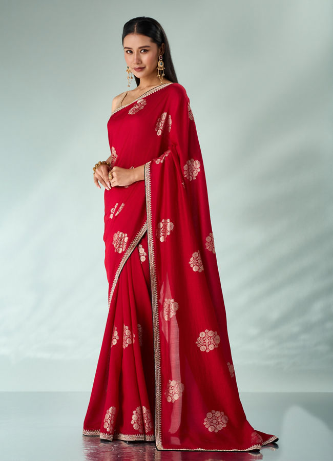 Mohey Women Red Silk Saree with Print and Stone Work