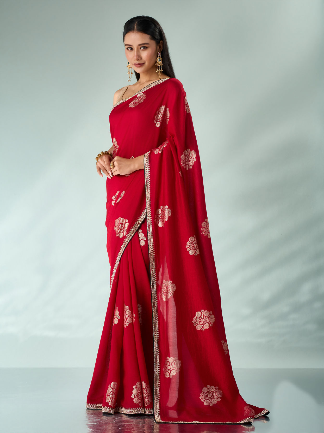 Mohey Women Red Silk Saree with Print and Stone Work