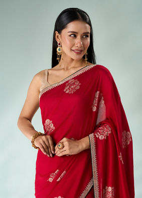 Mohey Women Red Silk Saree with Print and Stone Work