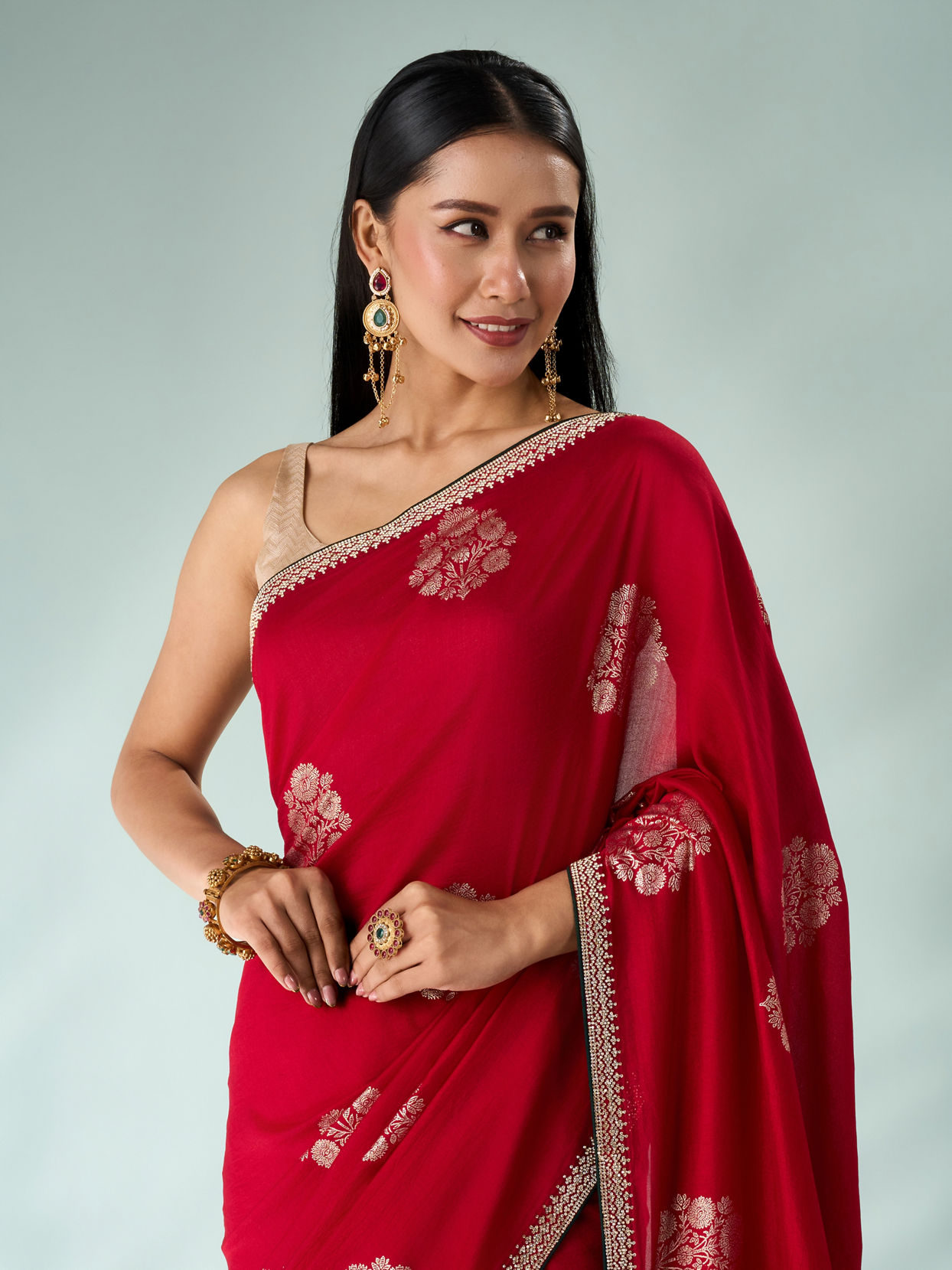 Mohey Women Red Silk Saree with Print and Stone Work