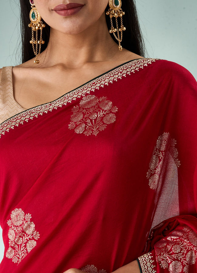 Mohey Women Red Silk Saree with Print and Stone Work