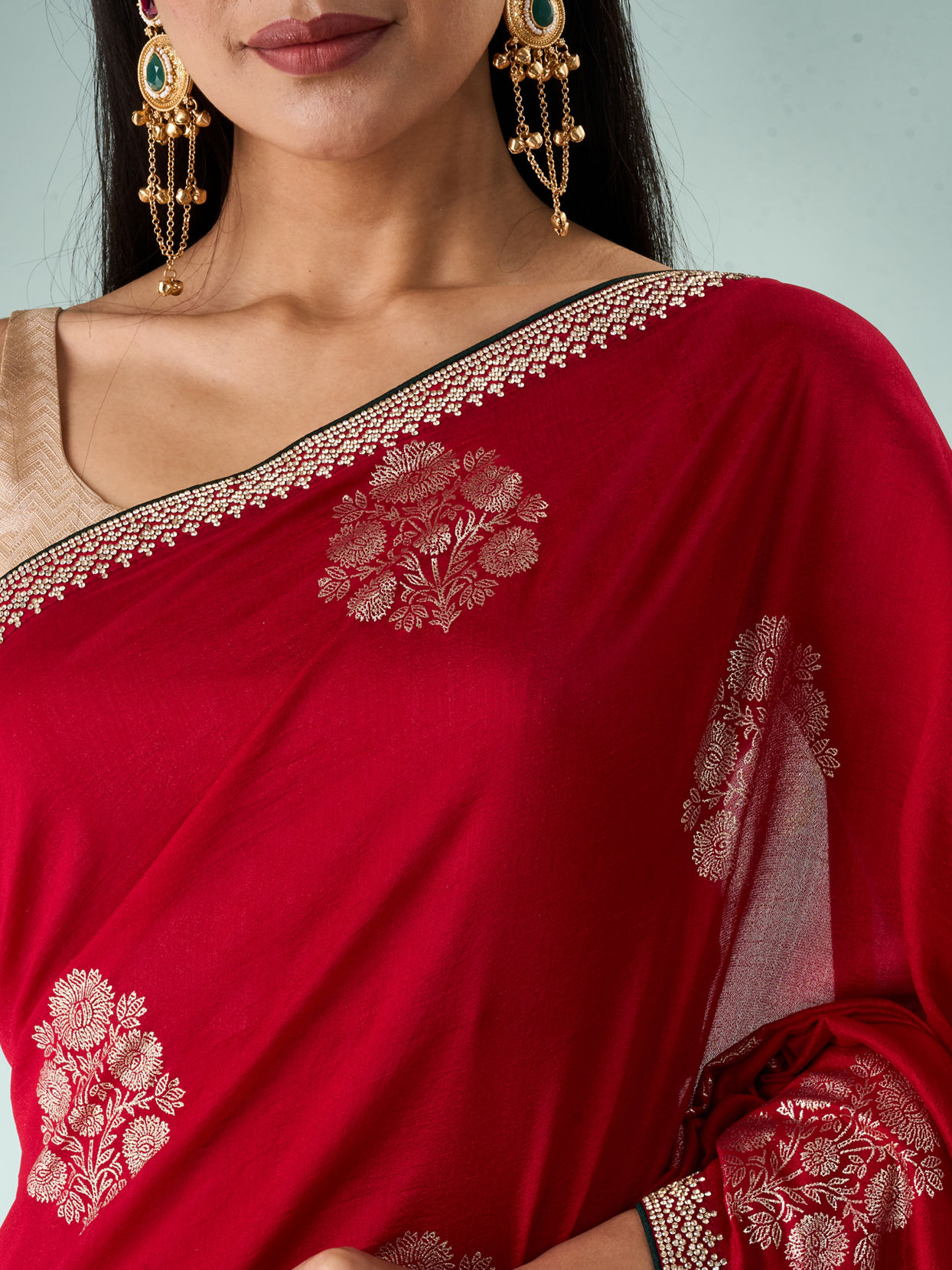 Mohey Women Red Silk Saree with Print and Stone Work