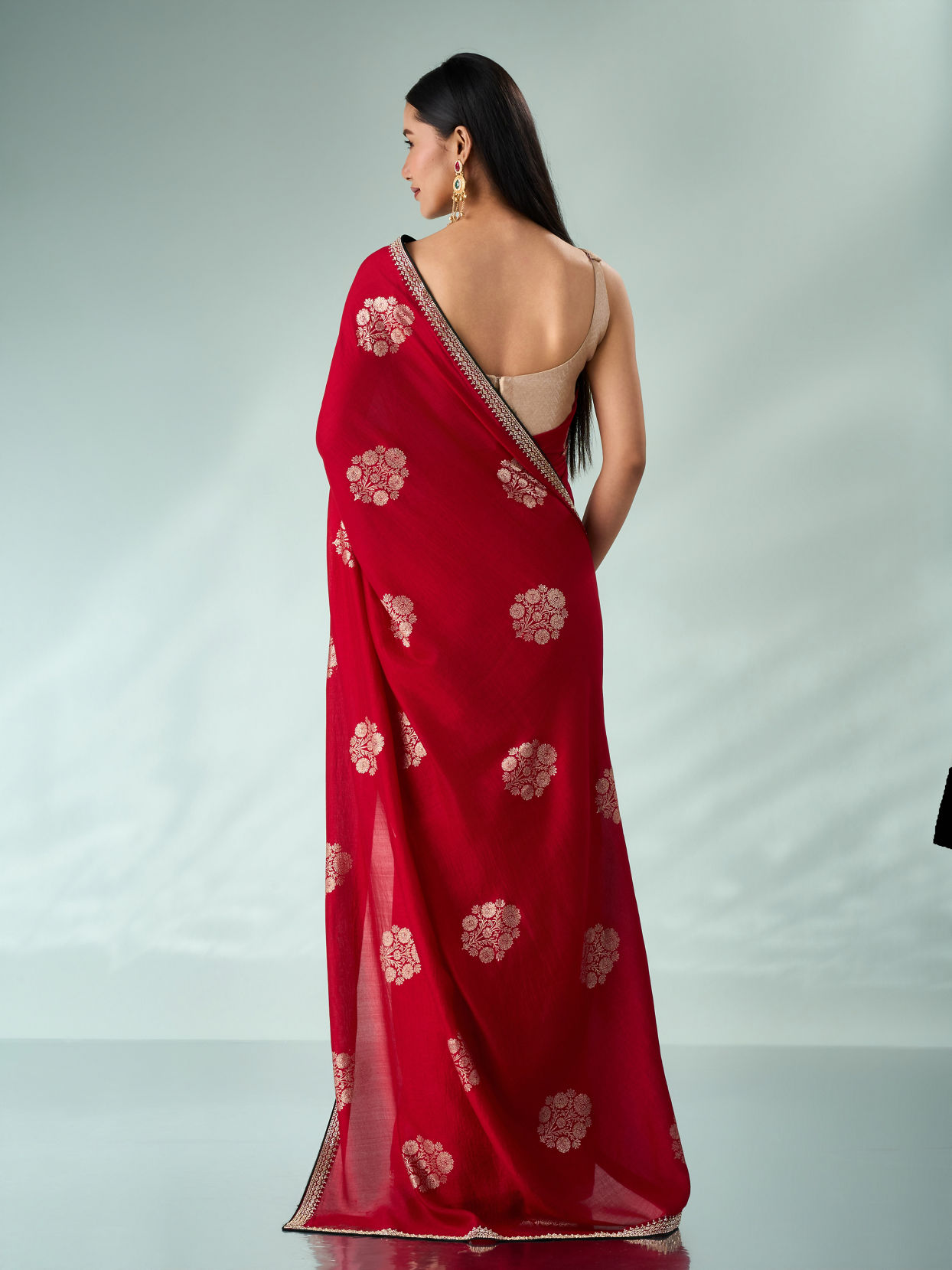 Mohey Women Red Silk Saree with Print and Stone Work
