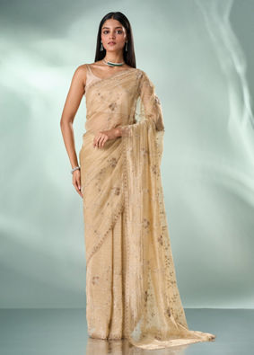 Mohey Women Beige Organza Saree with Stone Work