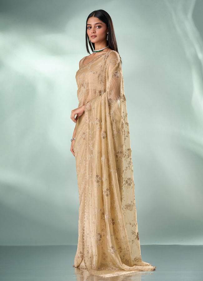 Mohey Women Beige Organza Saree with Stone Work