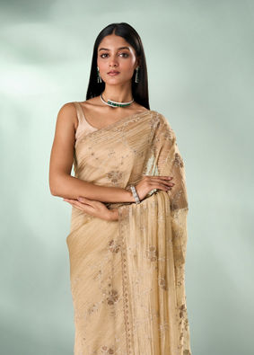 Mohey Women Beige Organza Saree with Stone Work
