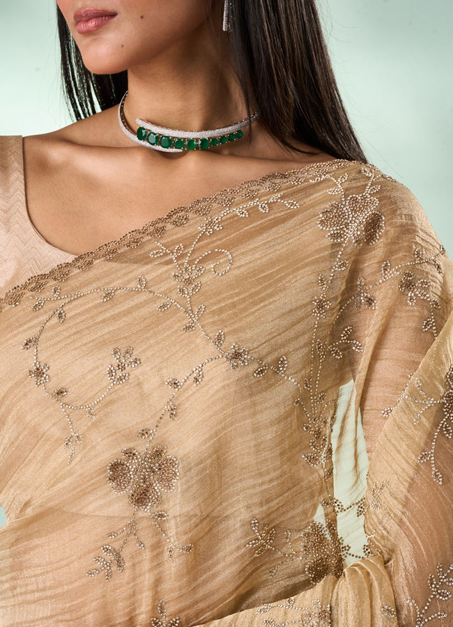 Mohey Women Beige Organza Saree with Stone Work