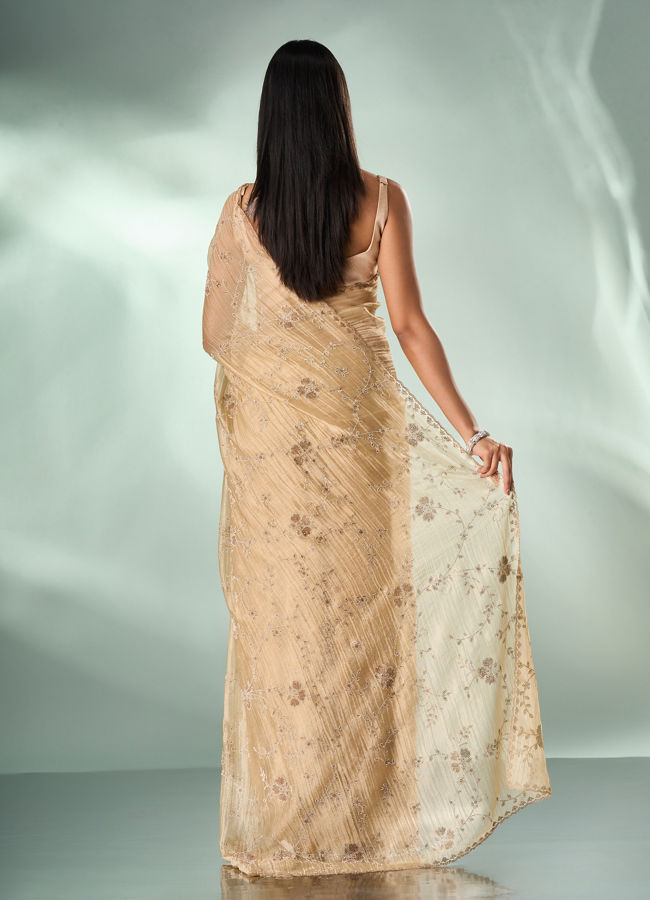 Mohey Women Beige Organza Saree with Stone Work