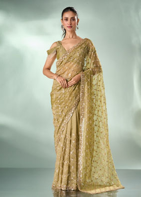 Mohey Women Pista Organza Saree with Cutdana Work