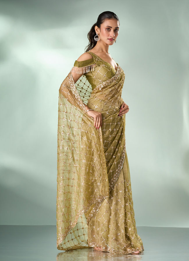 Mohey Women Pista Organza Saree with Cutdana Work