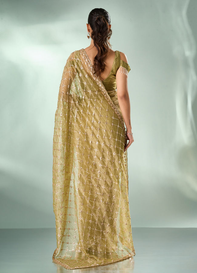 Mohey Women Pista Organza Saree with Cutdana Work