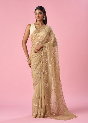 Mohey Women Fawn Organza Saree with Cutdana and Sequin Work